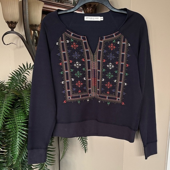 Artisan De Luxe Tops - Artisan De Luxe Navy Blue Colorful Aztec Embroidered Boho Cropped Sweatshirt